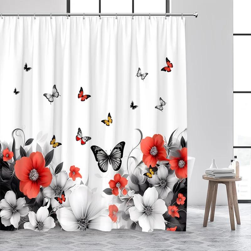 Forest Butterfly Shower Curtains Flowers Green Plants Butterflies Nature Waterfall Bath Curtain Fabric Bathroom Decor with Hooks