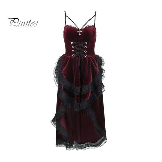 Women Cosplay Dress Dark Style Halloween Party Costume Lace Patchwork Irregular Hem Sleeveless Tight Waist Ruffles Adjustable Waistline Straps