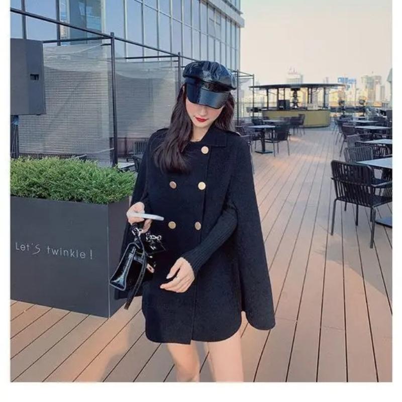 Jeseň a zima Dvojradové ženy Pelerína Voľná Čistá farba Dámsky Kabát Móda Elegantná Lapel Lady Oversized Poncho