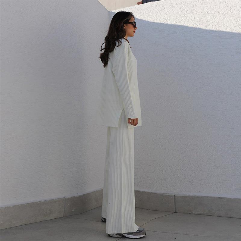 Dvoudílná sada Dámské pletené soupravy kalhot se širokými nohavicemi Vintage Podzim Zima Svetrový oblek s polovičním vysokým límcem Volný Streetwear Ležérní outfity