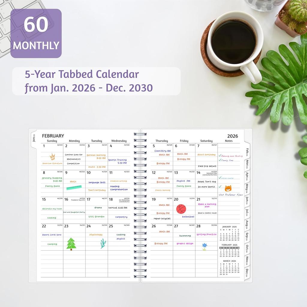 Monthly Planner 2026-2030, 5-Year Calendar Planner 2026-2030, Jan 2026 – Dec 2030, 6.2 x 8.4 In, Ruled Spread, Flexible Cover, Spiral Wirebound,