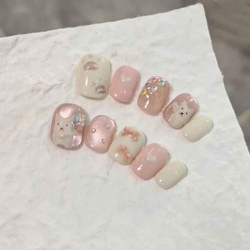 10Pcs Hamdmade Press on Nails Cat Eye Pink Hand-Painted Bouquet Cat Fake Nail Bean Nails Detachable Wearable Nail for Women