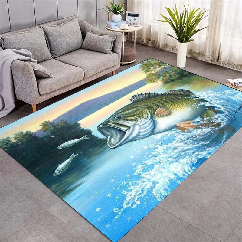 Jumping Freshwater Fish Water Splash Print Area Rug Aquatic Animal Non‑Slip Rectangular Floor Mat Living Bedroom Home Decor Rug