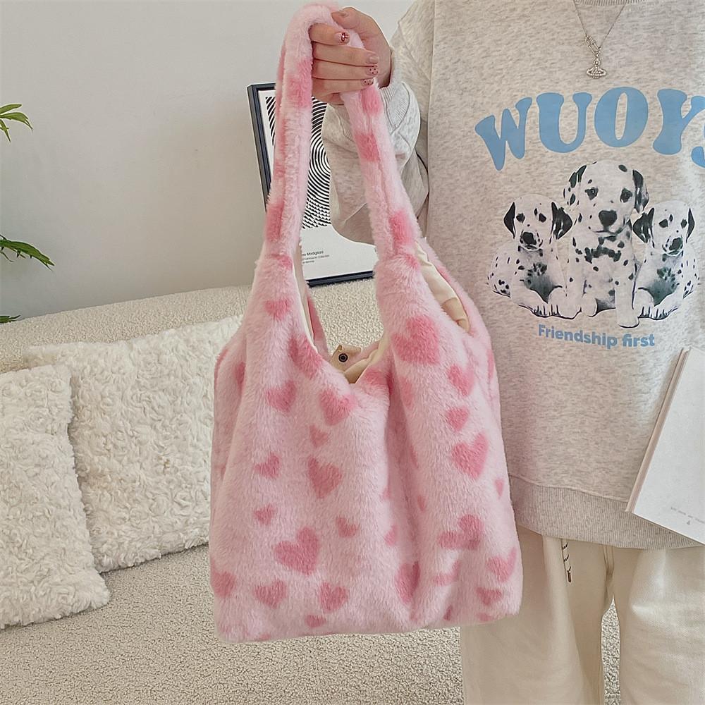 Large Capacity Plush Heart Bucket Bag Stylish Shoulder Tote For Daily Use