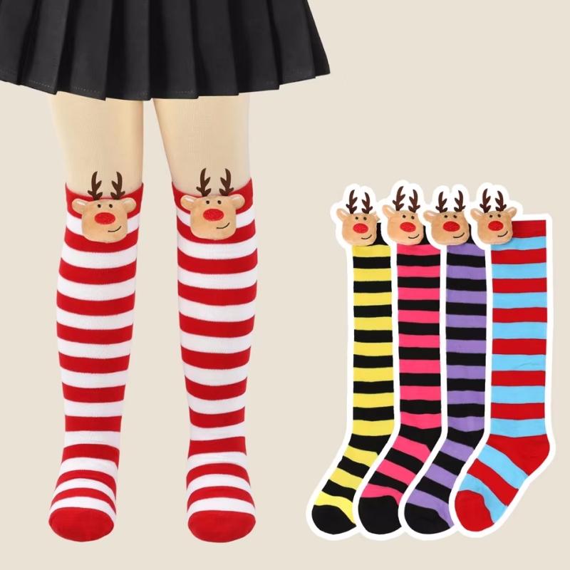 Winter Children's Stockings Striped Christmas Elk Doll High Tube Socks For Girls Boys Knee High Kids Long Sock New Year One Size