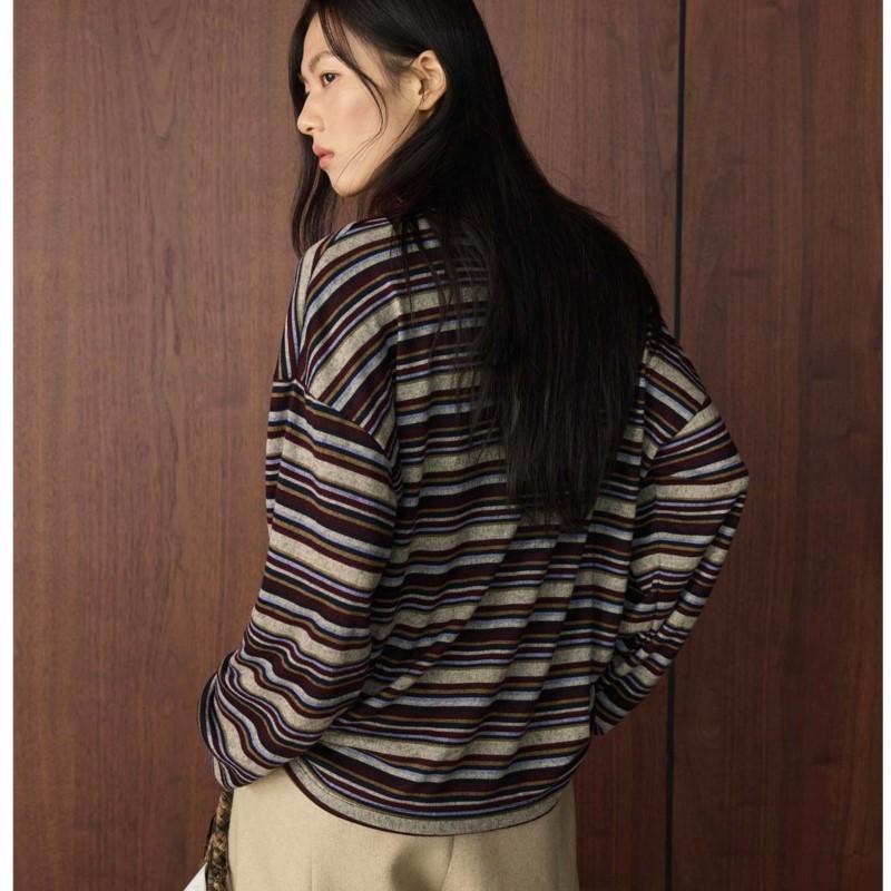 Johnature Autumn Winter Korean-style Simple Lazy Color-block Stripe Round Neck T-shirt Loose Comfortable Top For Women