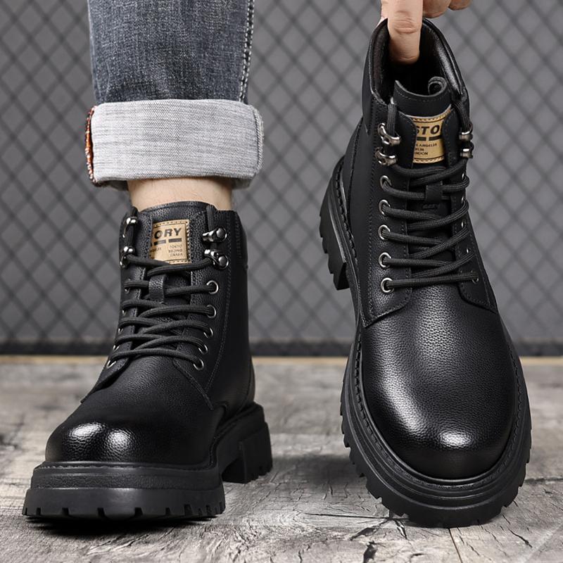 Thick-soled Height-increasing Men 2025 Autumn And Winter Velvet British Style Casual High-top Shoes Men's Retro Work Boots 38-44