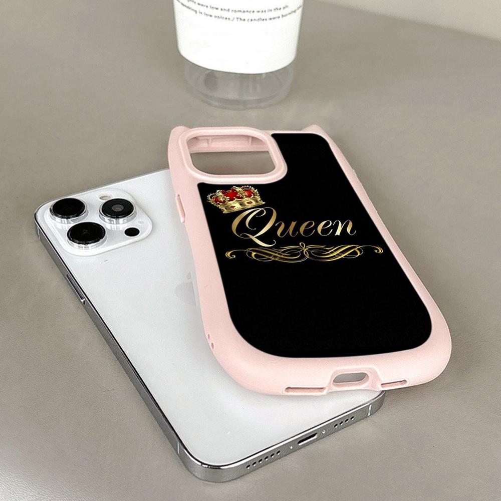 Huse de telefon moale pentru ureche de pisică pentru iPhone 16 15 13 12 11 Pro Max 14 Plus XR TPU Copertă din spate acrilic transparent anti-cădere N84 King Queen Cuplu