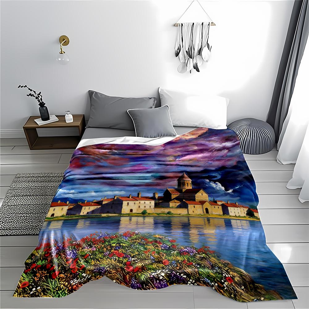 Colorful Landscape blanket with Village, Sky, and Floral Pattern blanket, suitable for use in the bedroom, living room, on the sofa
