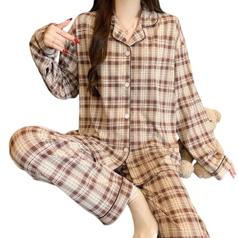 Plaid Long Sleeve Pajama Set with Pants – Spring & Autumn Style, Comfortable Home or Dorm Wear, Suitable for Outdoor Use