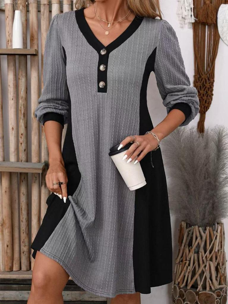 Spring European & American V-Neck Buttoned Striped Loose Knit Dress - Long Sleeve Casual