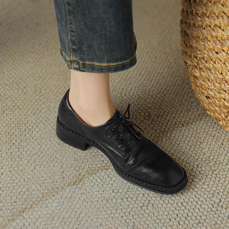 2024 New Vintage Women Pumps Spring Summer Round Toe Thick Heels Mature Shoes Woman Genuine Leather Lace-Up Basic Office Lady