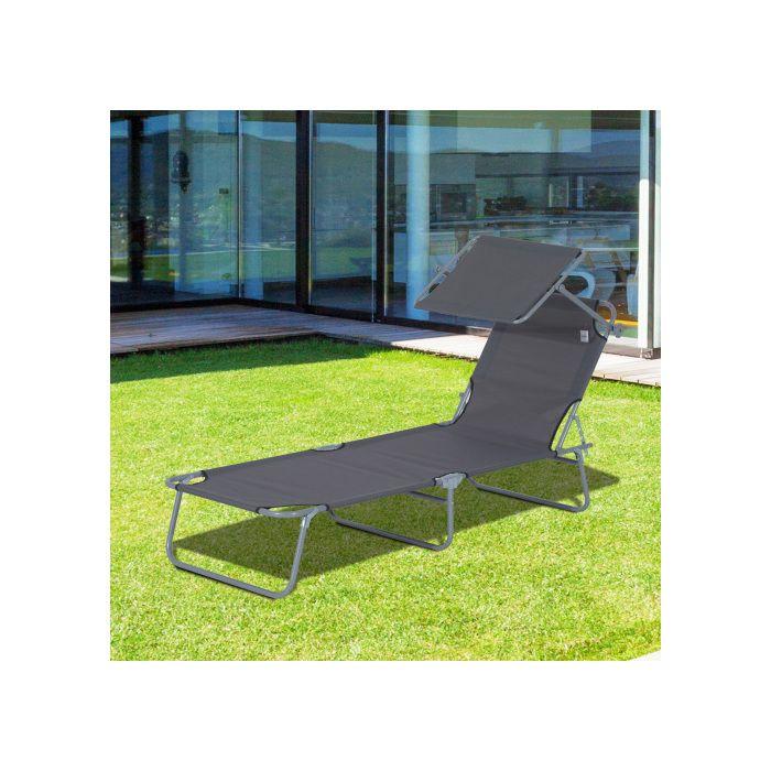 Chaise longue - Outsunny - Pliable - Protection solaire réglable - Métal gris 187x58x36 cm