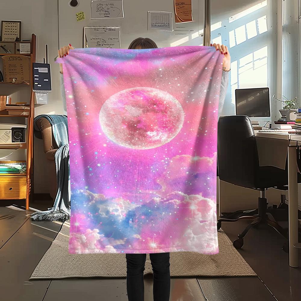 1Pc Galaxy Moon Print Flannel Blanket, High quality Comfortable for All Seasons, Home Decor, Warmth and Comfort, Perfect for Gifts