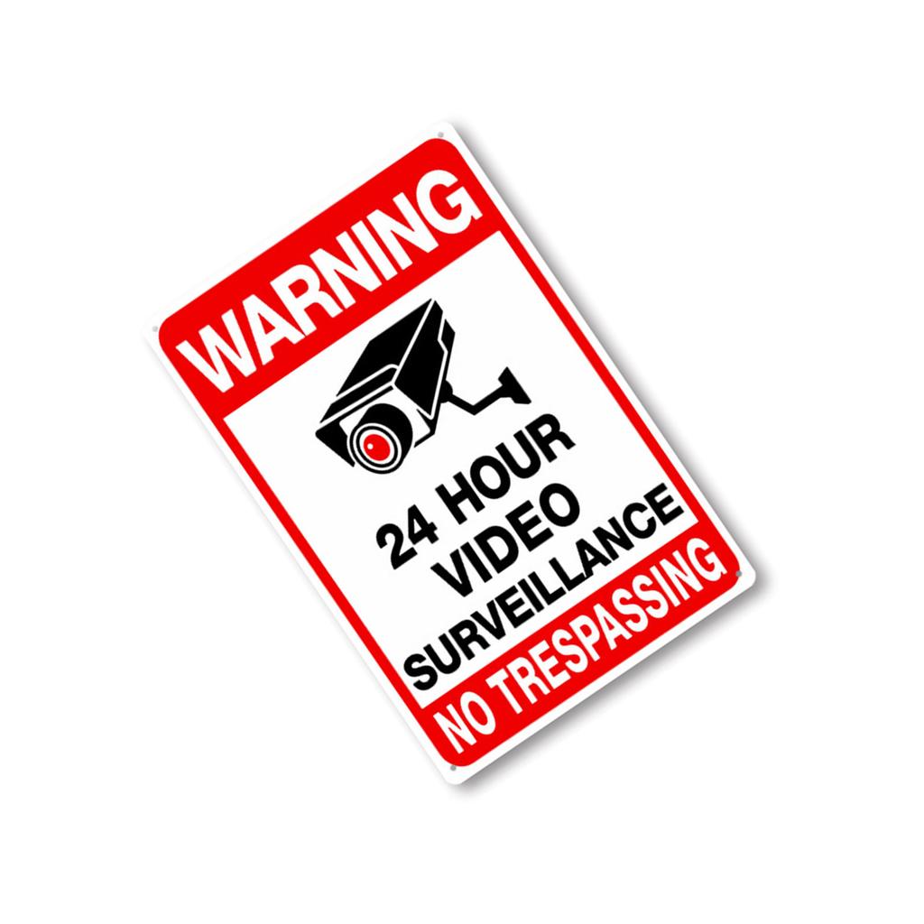 24 Stunden Videoüberwachung Schild Weißblech Warnschild Sicherheitsplatte mit vorgebohrten Löchern und abgerundeten Ecken Langlebigkeit