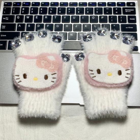 Dziewczęce kreskówkowe rękawiczki z kotkiem, urocze pluszowe rękawiczki z kotem, puszyste ciepłe rękawiczki z cyrkoniami w kształcie głowy kota dla kobiet na zimę, do codziennych sprawunków