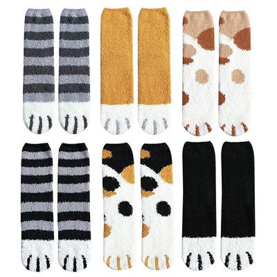 6 Pares Zapatillas de Forro Polar Calcetines de Invierno de Coral Calcetines de Piso Lindo Cama Pata de Gato Animal