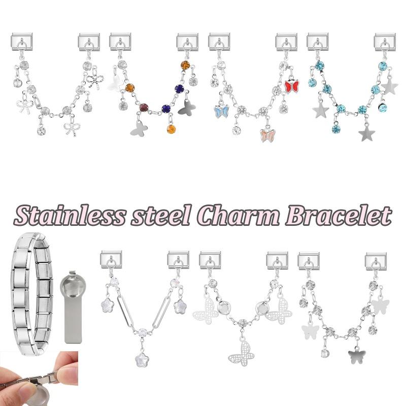 Fashion Personalized DIY Chain Tassel Charm Bracelet Star Heart Butterfly Bow Pendant Bead 9MM Bracelet Stainless Steel Jewelry
