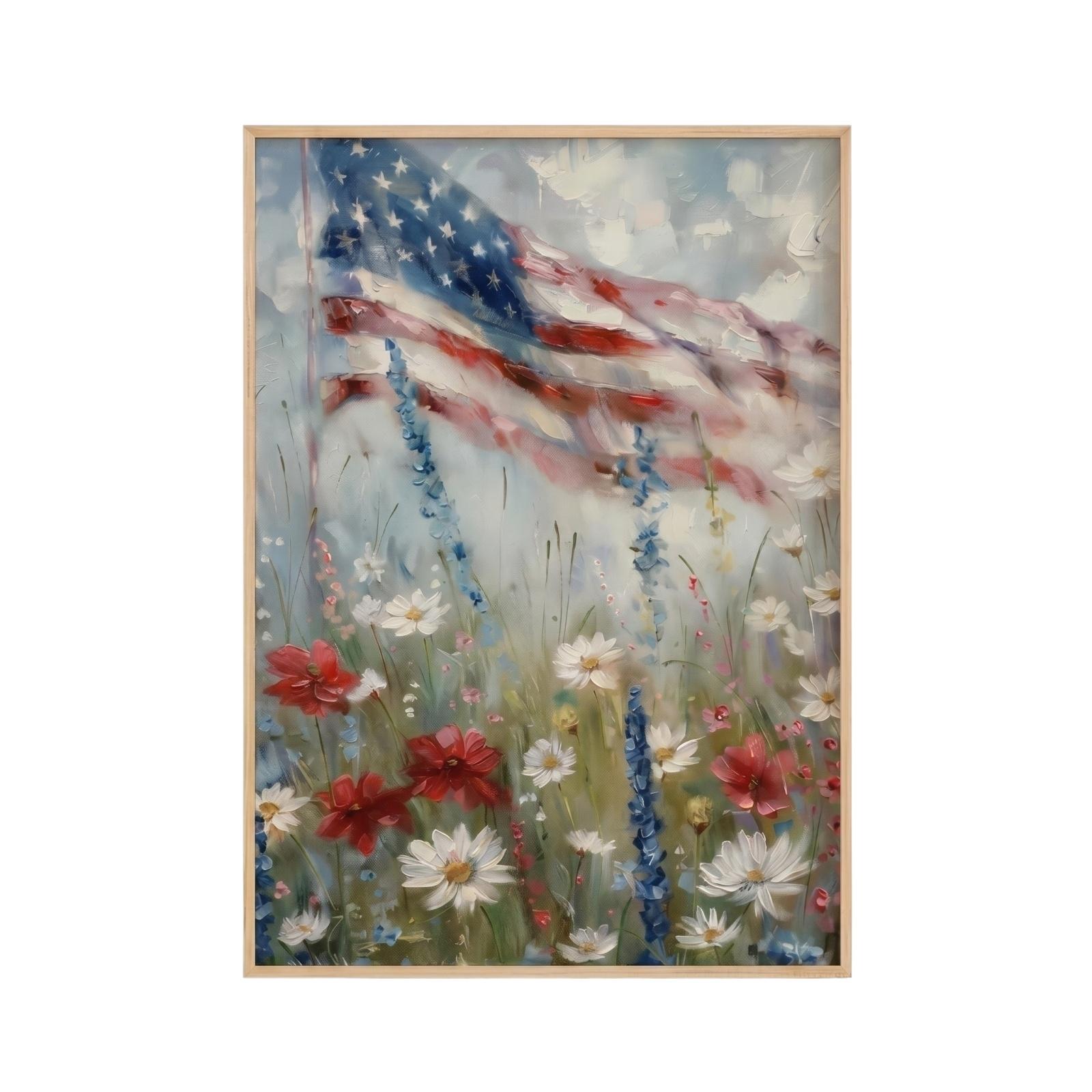 

20x25CM Independence Day Wall Art Rustic Wall Decor Canvas Print without Frame American Flag and Wildflowers Design for Home Decoration