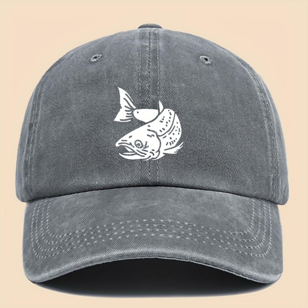 Cartoon Fish Print Baseball Cap Vintage Washed Adjustable Fishing Hat Men Women Hip-hop Hat Outdoor Retro Sun Protection Hat