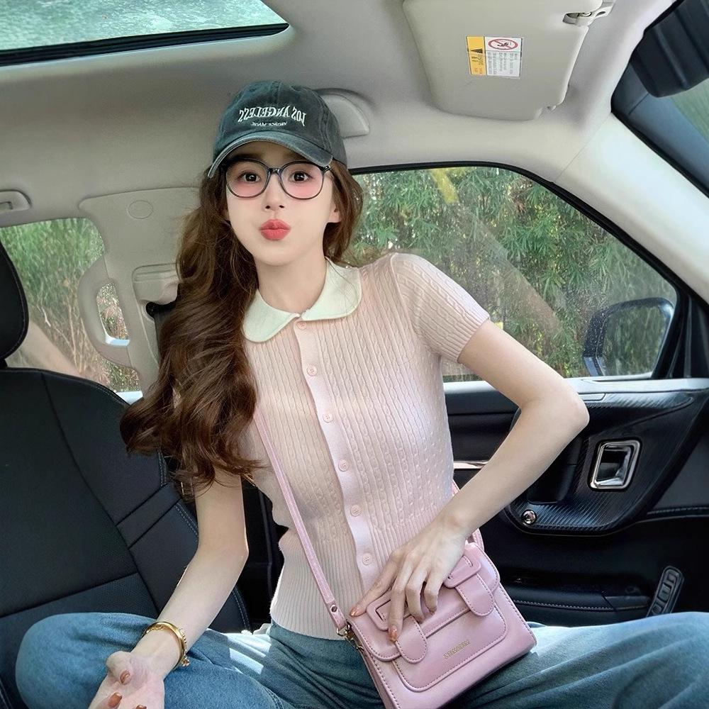 Women's Pink Slimming Petite Polo Knitted Short Sleeve Top - Summer 2025 Collection