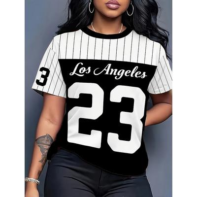 Printed Striped T-shirt - Casual Short-sleeved Crew Neck Top, Summer Theme T-shirt
