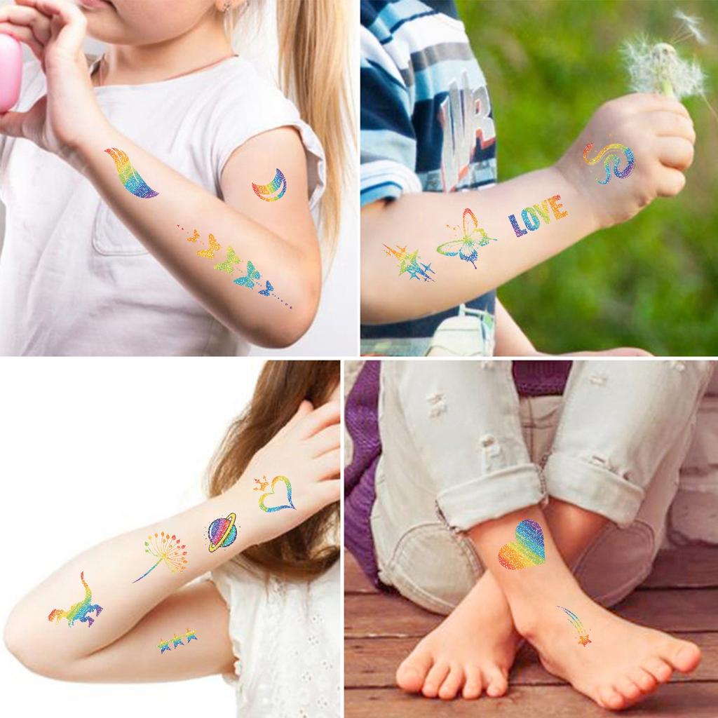10 Stück Glitzer Regenbogen Cartoon Tattoo Aufkleber Schimmernd im Sonnenlicht Wasserdicht Party Körperbemalung für Gesicht und Arme Temporär