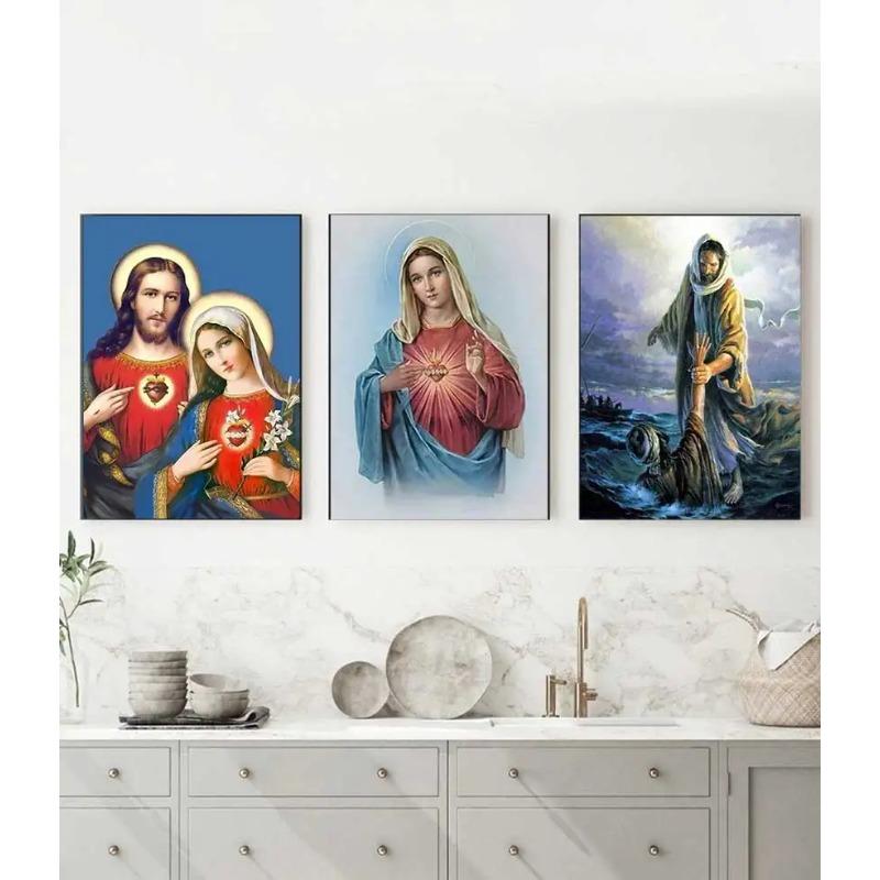Art Print Mary Religious Canvas Painting Abstract Christian Wall Decor for Home Vintage Sacred Heart of Jesus