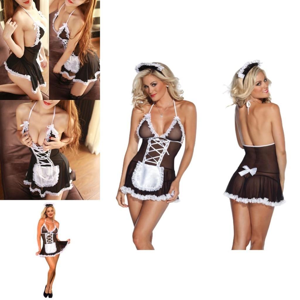 Sexy Lace Lingerie French Maid Cosplay Costume Set Halloween Party Outfit