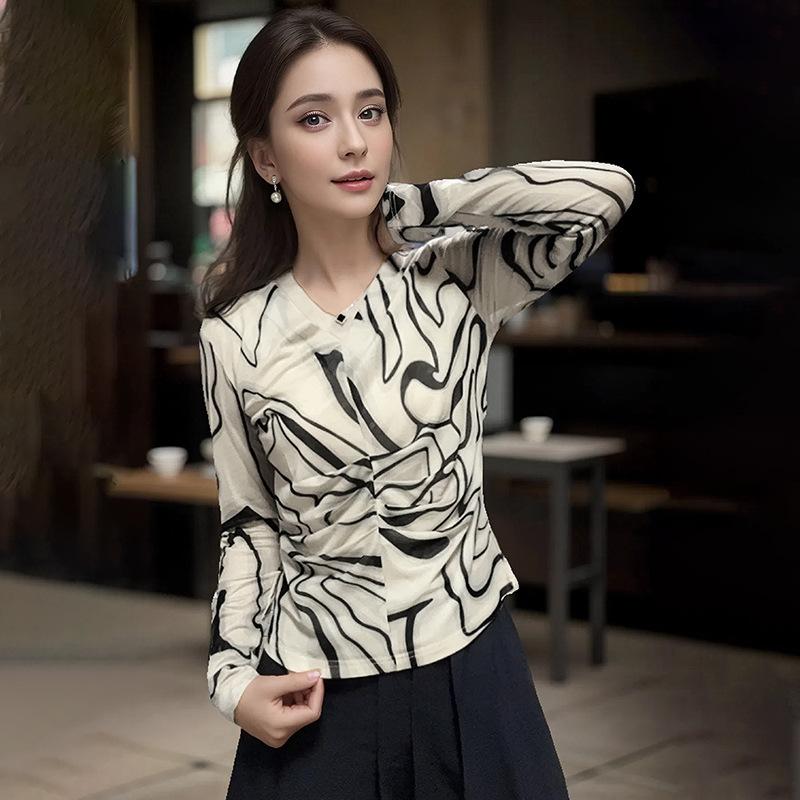 

Весенняя новинка, топ с длинными рукавами, дизайнерская тонкая базовая рубашка для женщин, универсальная футболка с V-образным вырезом 3XL