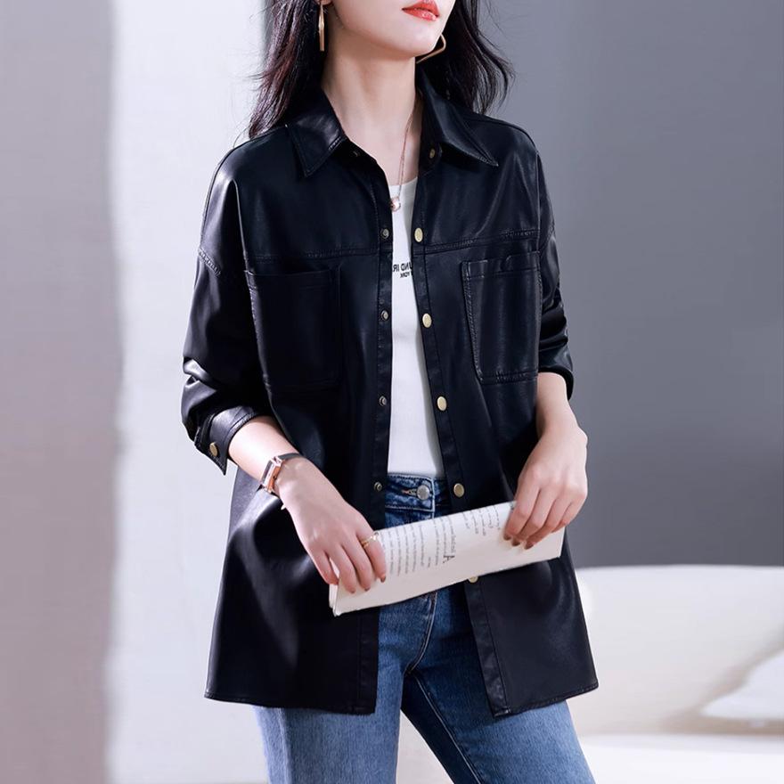 

Черная кожаная куртка-рубашка женская весенне-осенняя средней длины весенне-осенняя новая ретро маленькая красивая одежда в стиле локомотив XXL чёрный