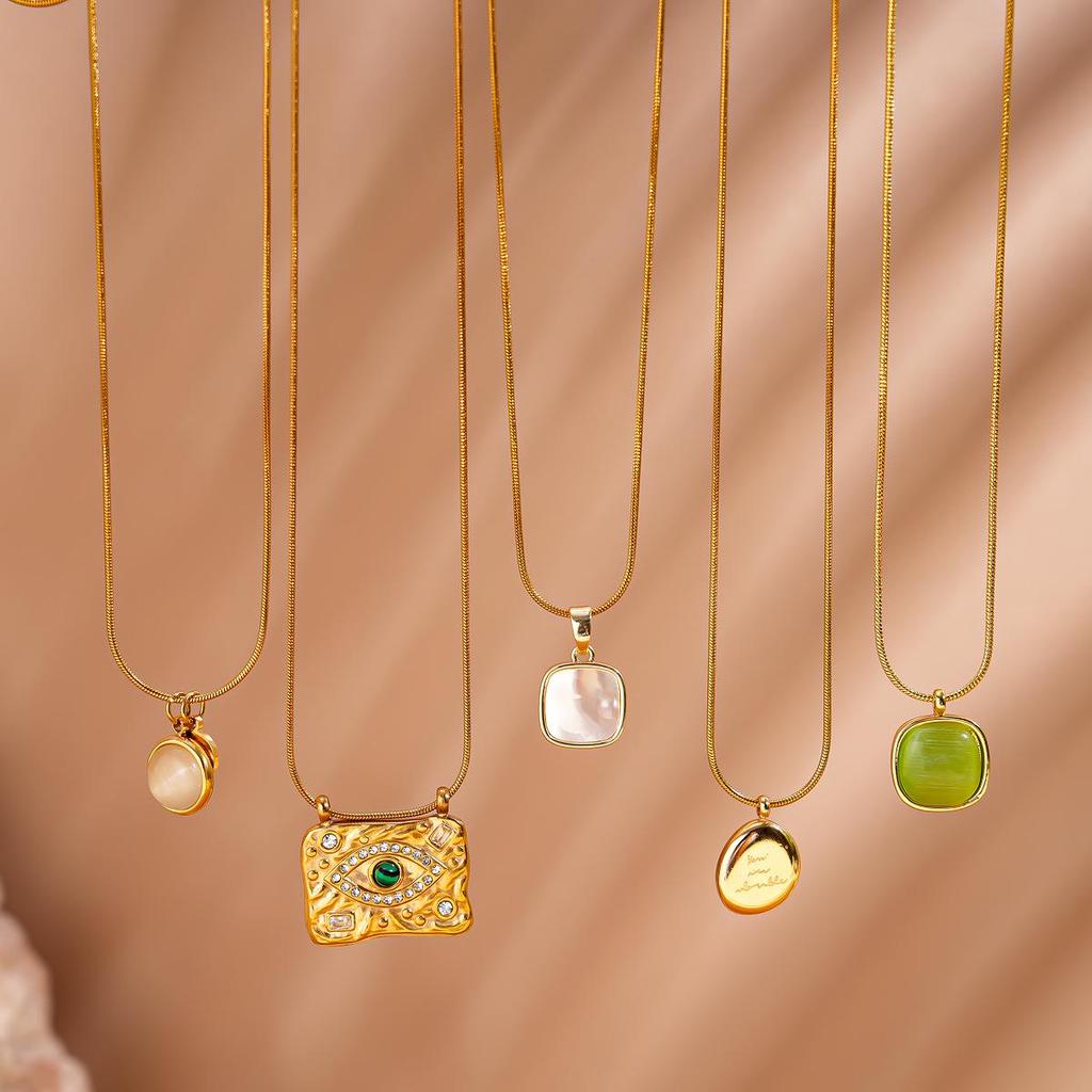 Stainless Steel Diamond-Inlaid Square Glass Pendant Clavicle Necklace - Minimalist Luxury for Women