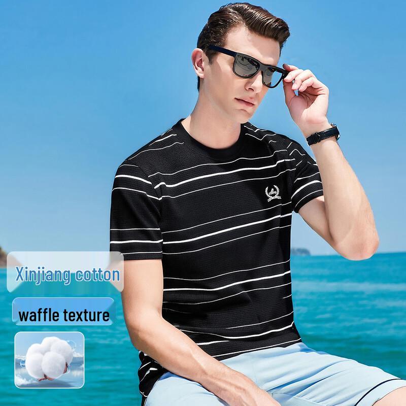 FORTEI Men s Xinjiang Cotton Waffle Knit Striped T-Shirt XL