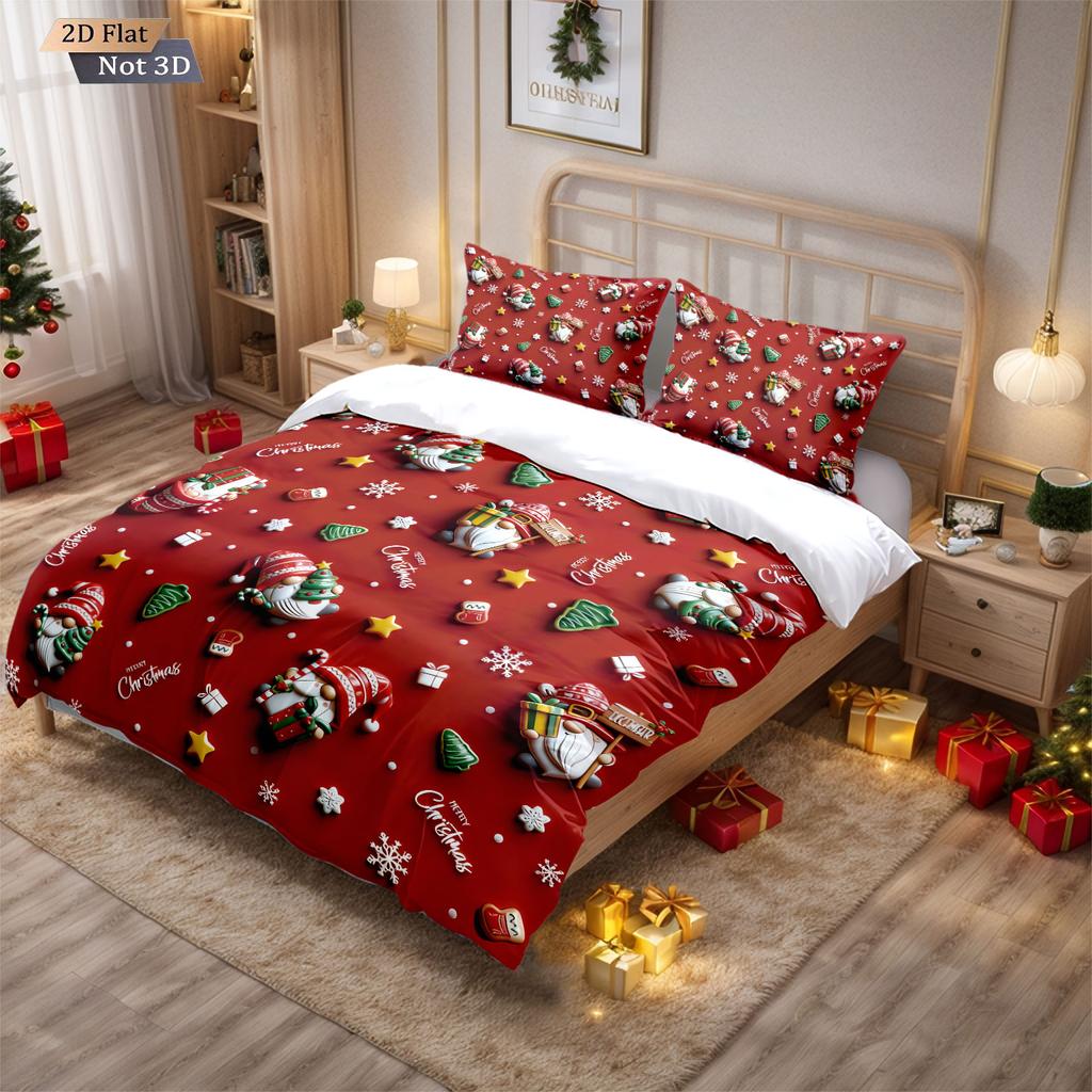 3-teiliges rotes Weihnachtswichtel-Print kernloses Bettbezug-Set in mehreren Größen Schlafzimmer Wohnheim Bettwäsche Dekoration weich maschinenwaschbar