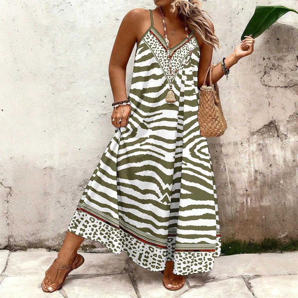 Women's Summer V-neck Bohemian Casual Seaside Vacation Printed Plus Size Sling Dress