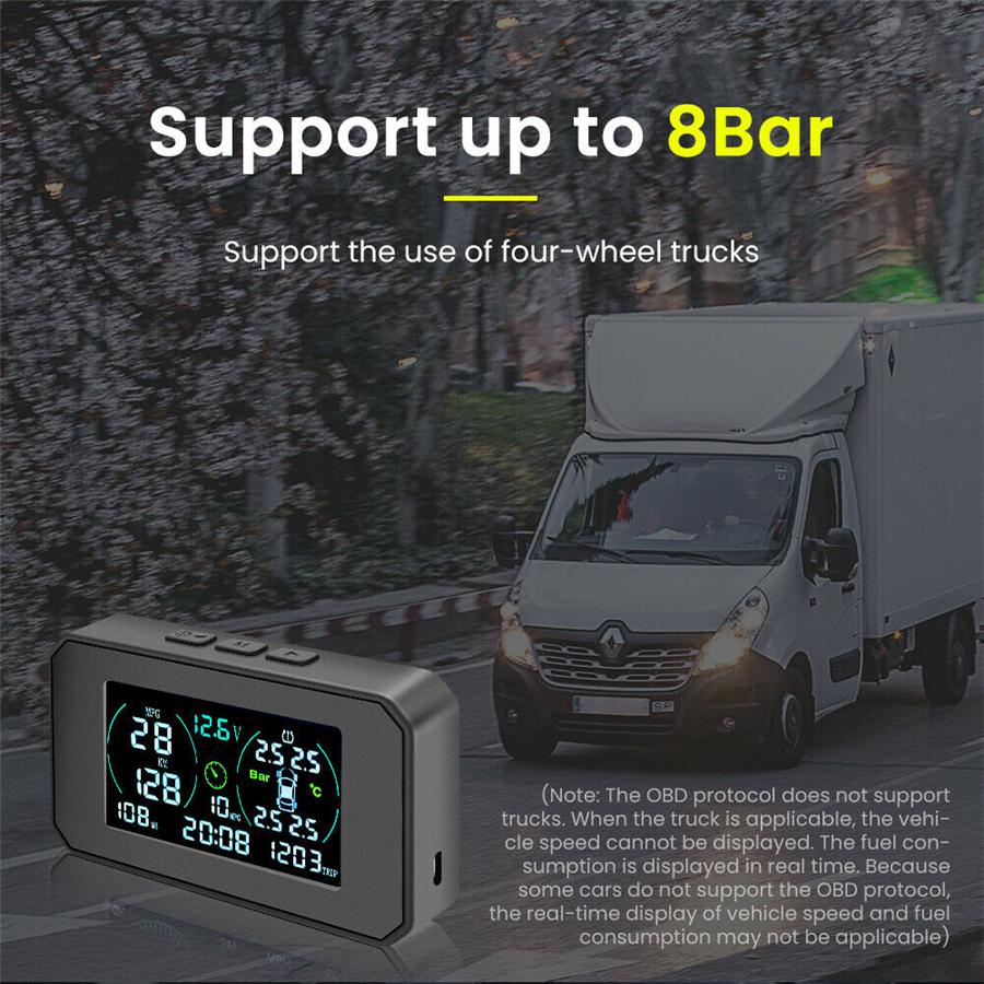 Wireless Car TPMS Tire Pressure Monitoring System Solar + USB Charging OBD2 Plug