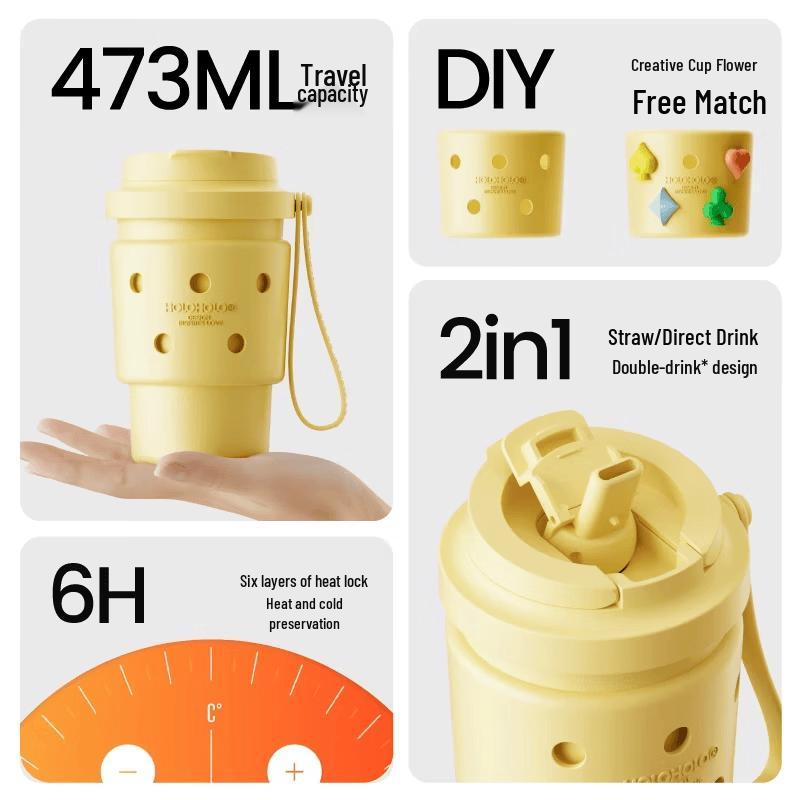 HOLOHOLO 316L Stainless Steel Insulated Coffee Mug with Straw