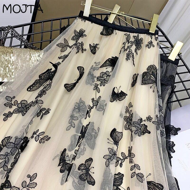 Women Spring Autumn Boho Lace Crochet Skirt Stretch High Waist Women Embroidery A-Line Skirt Women Beach Pleated Skirt