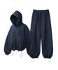Prinoar [Set] String Oversized Two-Way Zip-Up Hoodie + Single-Pleat Wide Pants - Navy
