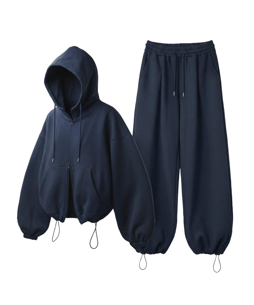 Prinoar [Set] String Oversized Two-Way Zip-Up Hoodie + Single-Pleat Wide Pants - Navy
