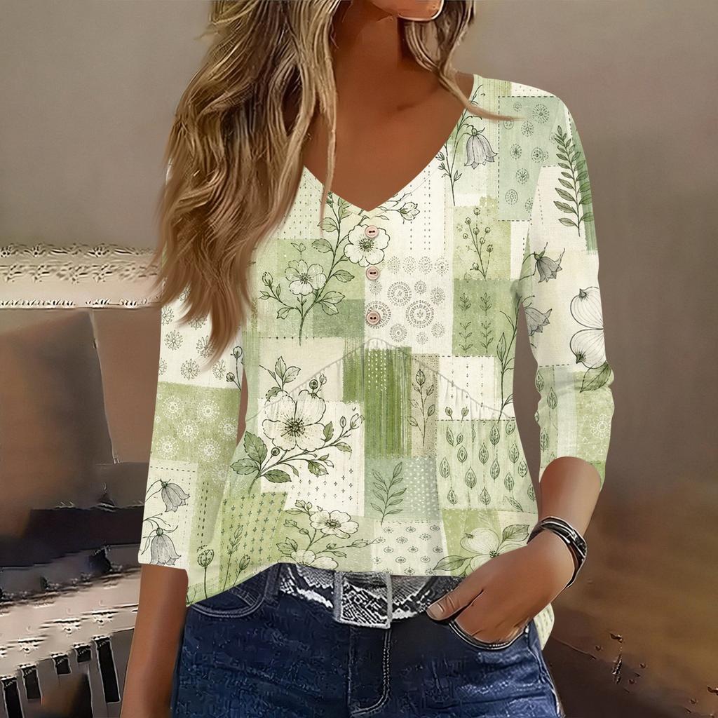 Womens 3/4 Sleeve V Neck Button Detail Floral Print Tunic Top Lightweight Casual Shirt