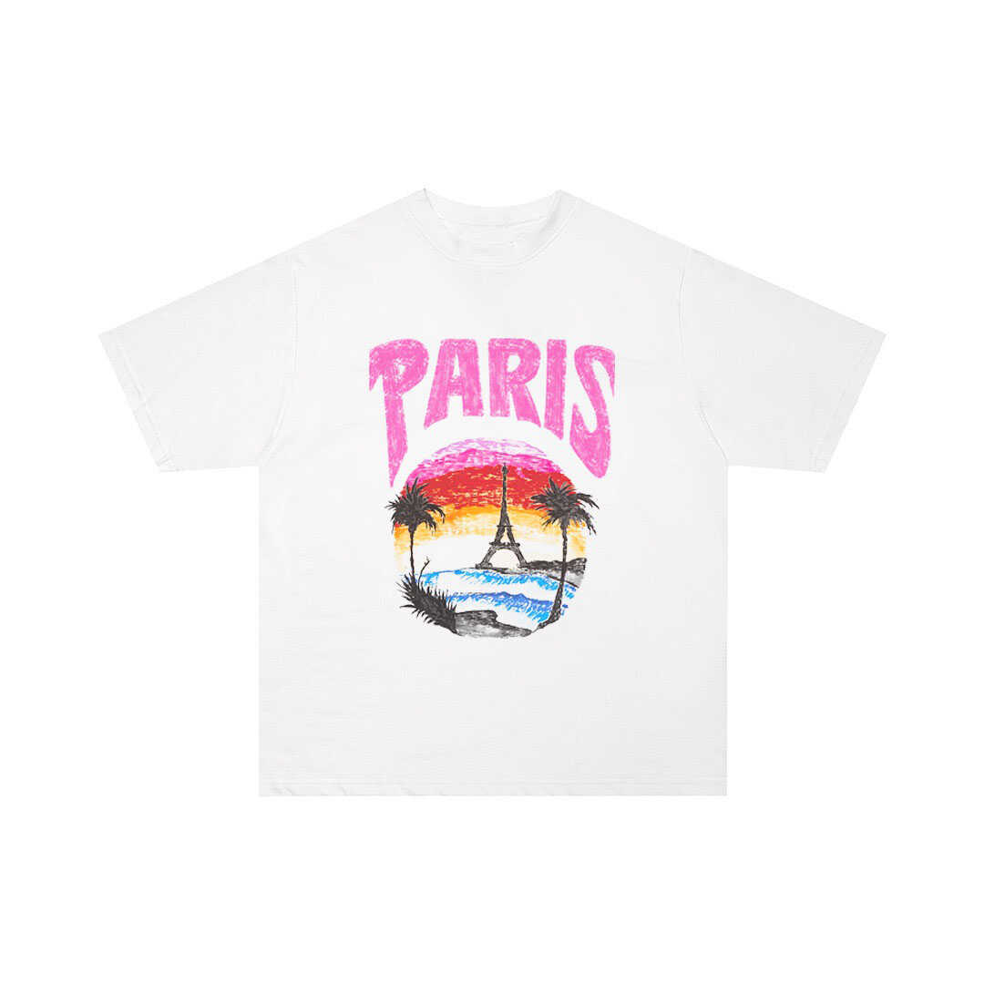 

Niche Trendy Brand American Summer Pure Cotton Loose Iron Tower Coconut Tree Short-sleeved Men s and Women s Couples T-shirt S