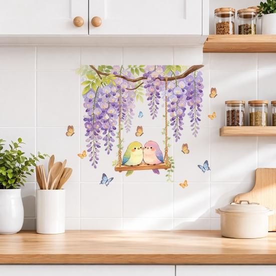 Watercolor Wisteria Birds Wall Decal, Self-Adhesive Residue-Free Window Sticker, Easy Apply Wall Sticker for Bedroom Kitchen Bathroom