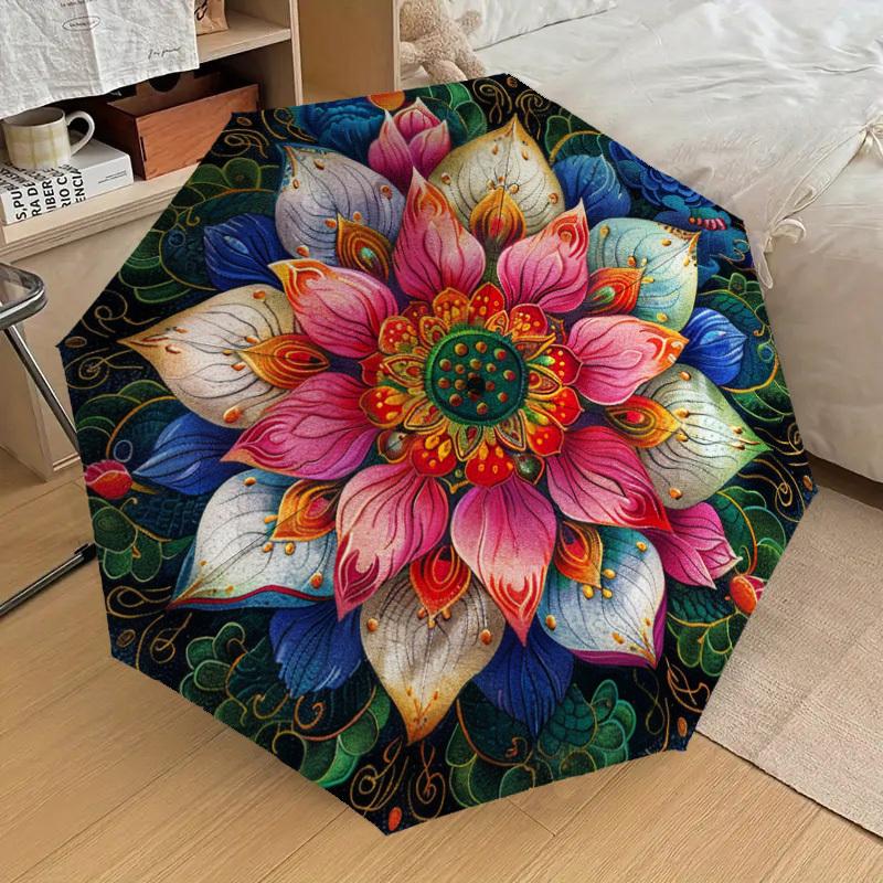 1pc Lotus Mandala Design Umbrella with Plastic Handle,Suitable for All Seasons Home Travel Outdoor UmbrellaDD583