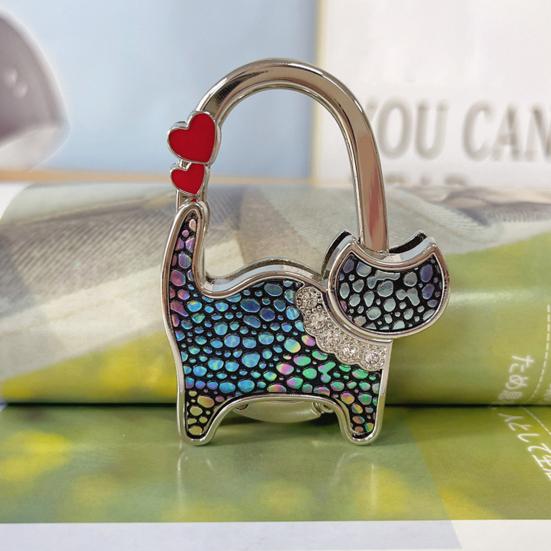 Cat-Shaped Bag Hook with Shiny Rhinestones Decor Non-Slip Base Foldable Desk