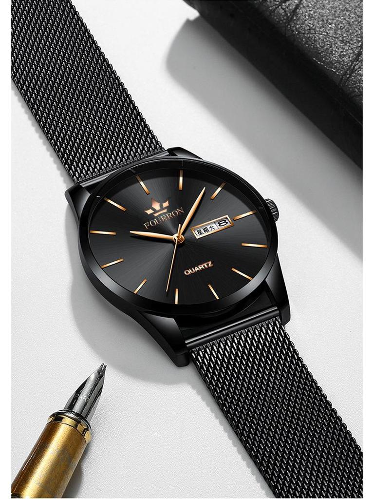 FOURRON Men's Quartz Watch - Waterproof, Ultra-Thin Steel Band with Calendar