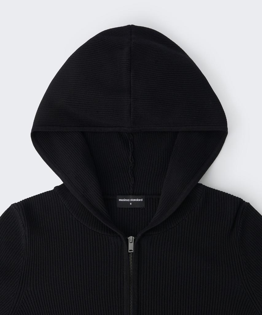 MUSINSA STANDARD WOMAN Women'S Ribbed Slim Hooded Knit Zip-Up [Black]