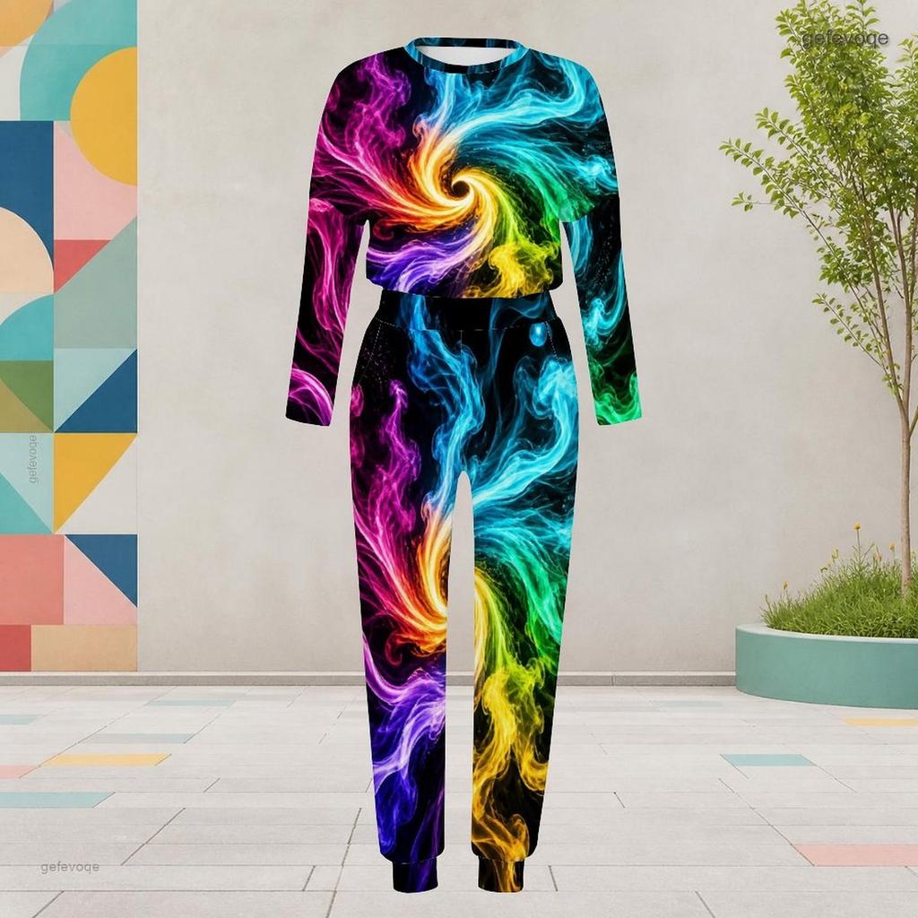 Damen Übergröße Tie-Dye-Print Rundhals Langarm Bündchen Zweiteiliges Hosen-Set Mit Taschen