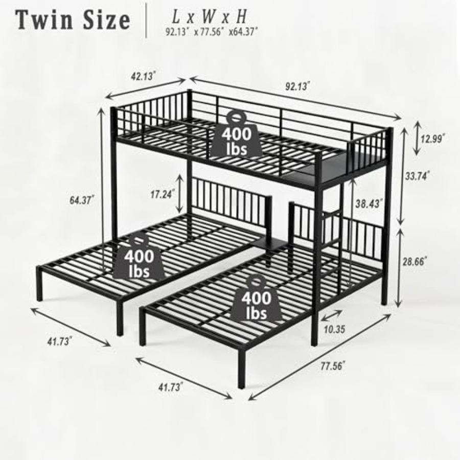 Twin Triple Bunk Bed for,Teens, Adults, Metal Twin XL Bunk Beds for 3, 3 bunk Bed for 3,Adults Heavy Metal, Black