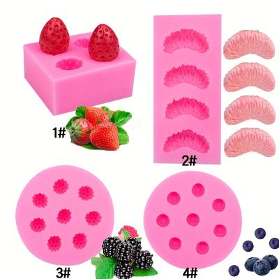 4 Stück, 3D-Silikon-Frucht-Schokoladenform – Simulation von Erdbeer-, Blaubeer- und Mandarinen-Süßigkeitenform für selbstgemachte Kuchendekoration und Backen